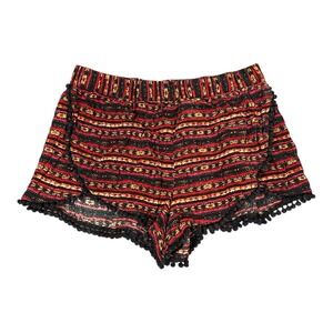 Forever 21 Women's Black Red Orange Tribal Print Pom Pom Shorts‎ Size Large